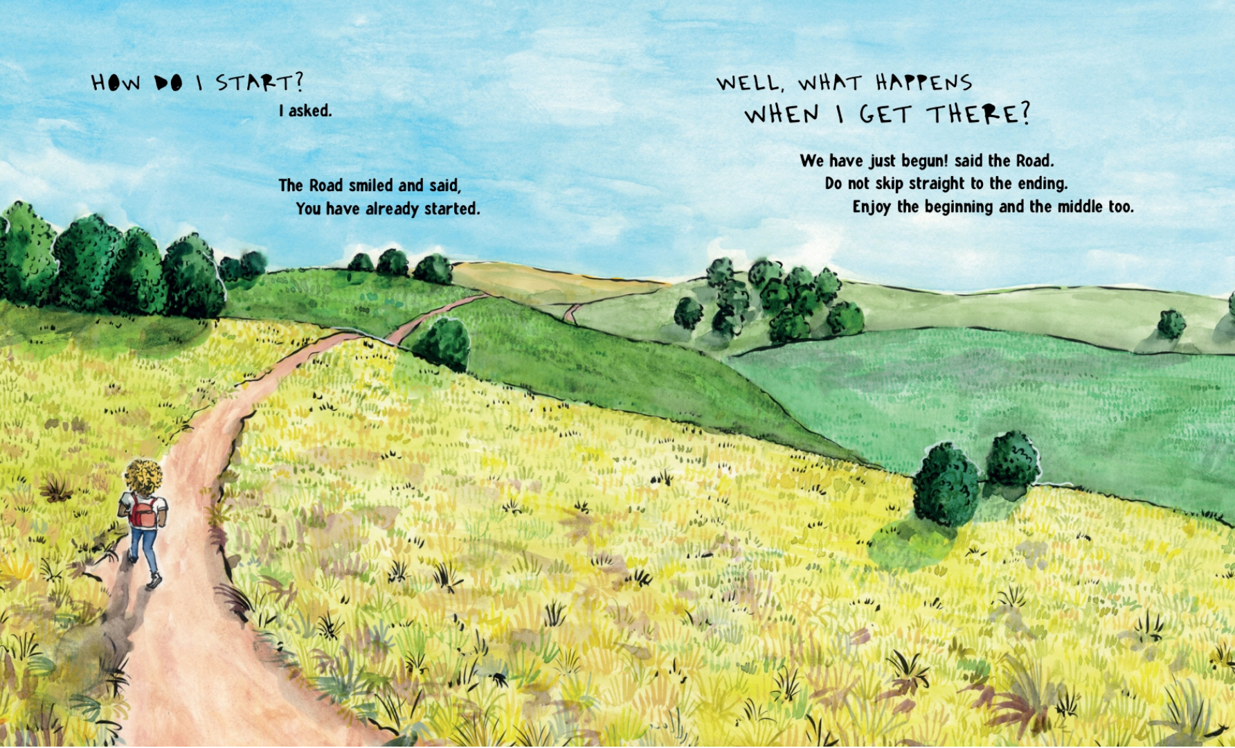 A watercolor-style illustrated scene showing a dirt path winding through rolling green hills and grassy fields under a blue sky. What the Road Said by Cleo Wade.