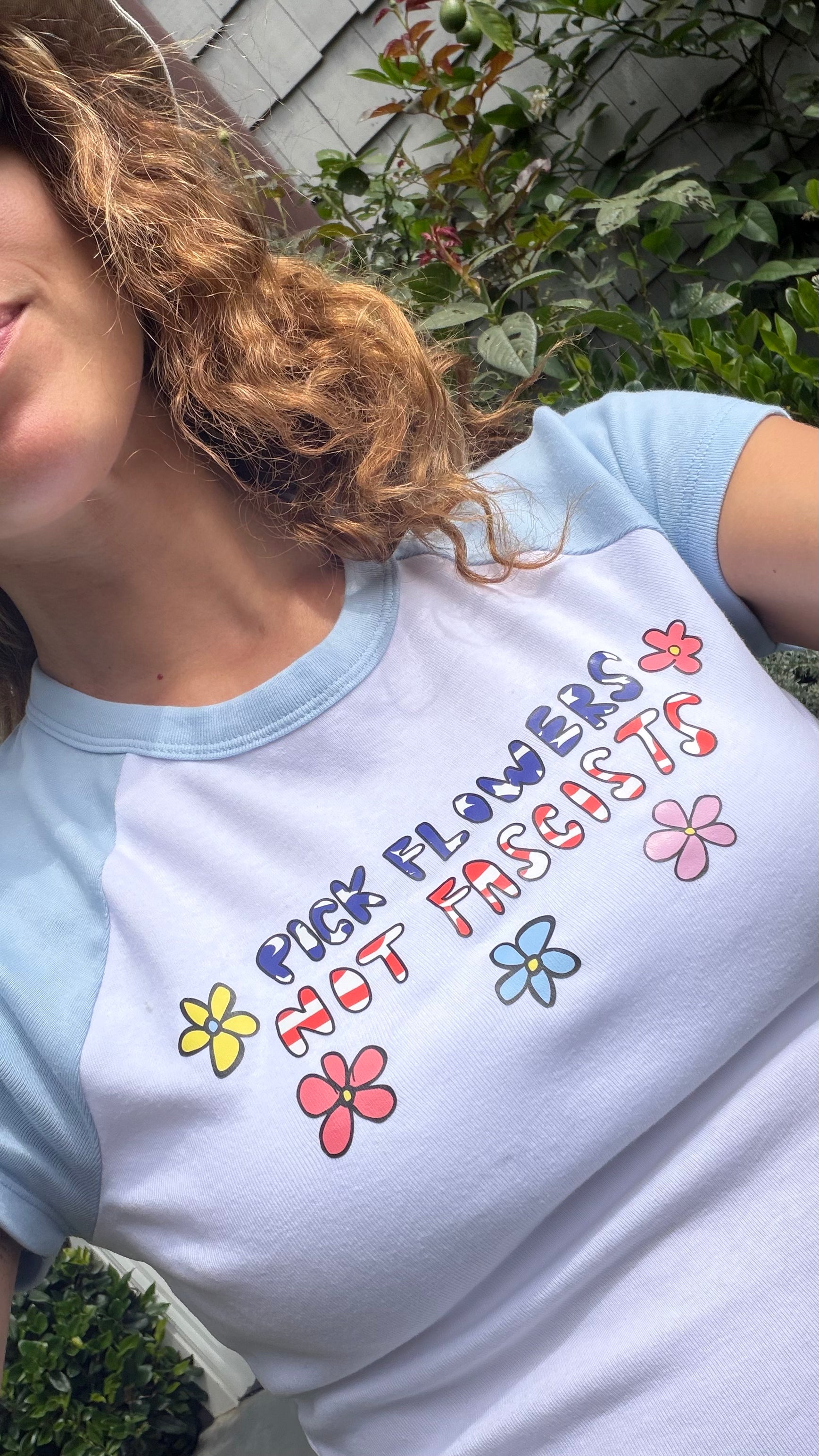 PICK FLOWERS NOT FASCISTS 70's baby tee