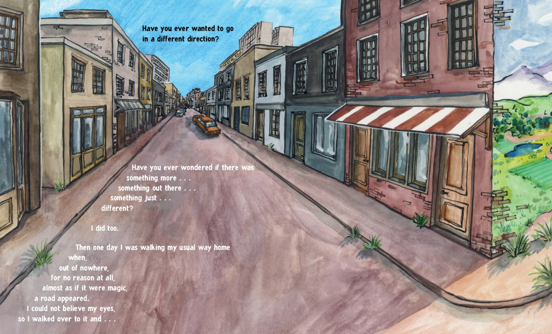 An illustrated street scene with buildings, a sidewalk, parked cars, and overlaid song lyrics and the text 'Have you ever wanted to go in a different direction?' What the Road Said by Cleo Wade.