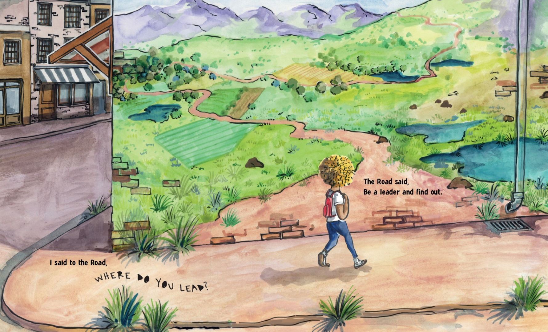 Watercolor-style illustration of a person walking along a path in a scenic landscape with fields, ponds, mountains, and buildings. What the Road Said by Cleo Wade.