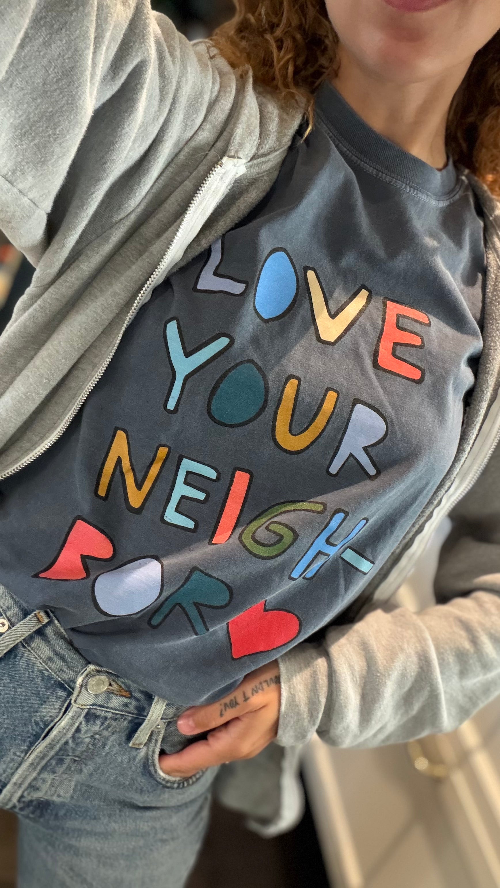 LOVE YOUR NEIGHBOR denim cotton tee